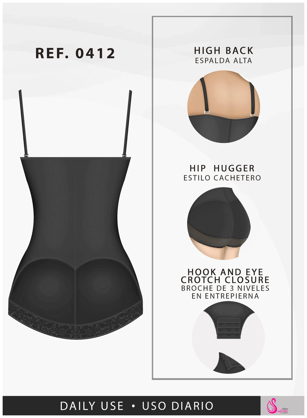 Fajas Salome 0412 black open-bust body shaper with hook-and-eye crotch closure, daily Colombian shapewear front view