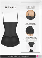 Fajas Salome 0412 black open-bust body shaper with hook-and-eye crotch closure, daily Colombian shapewear front view