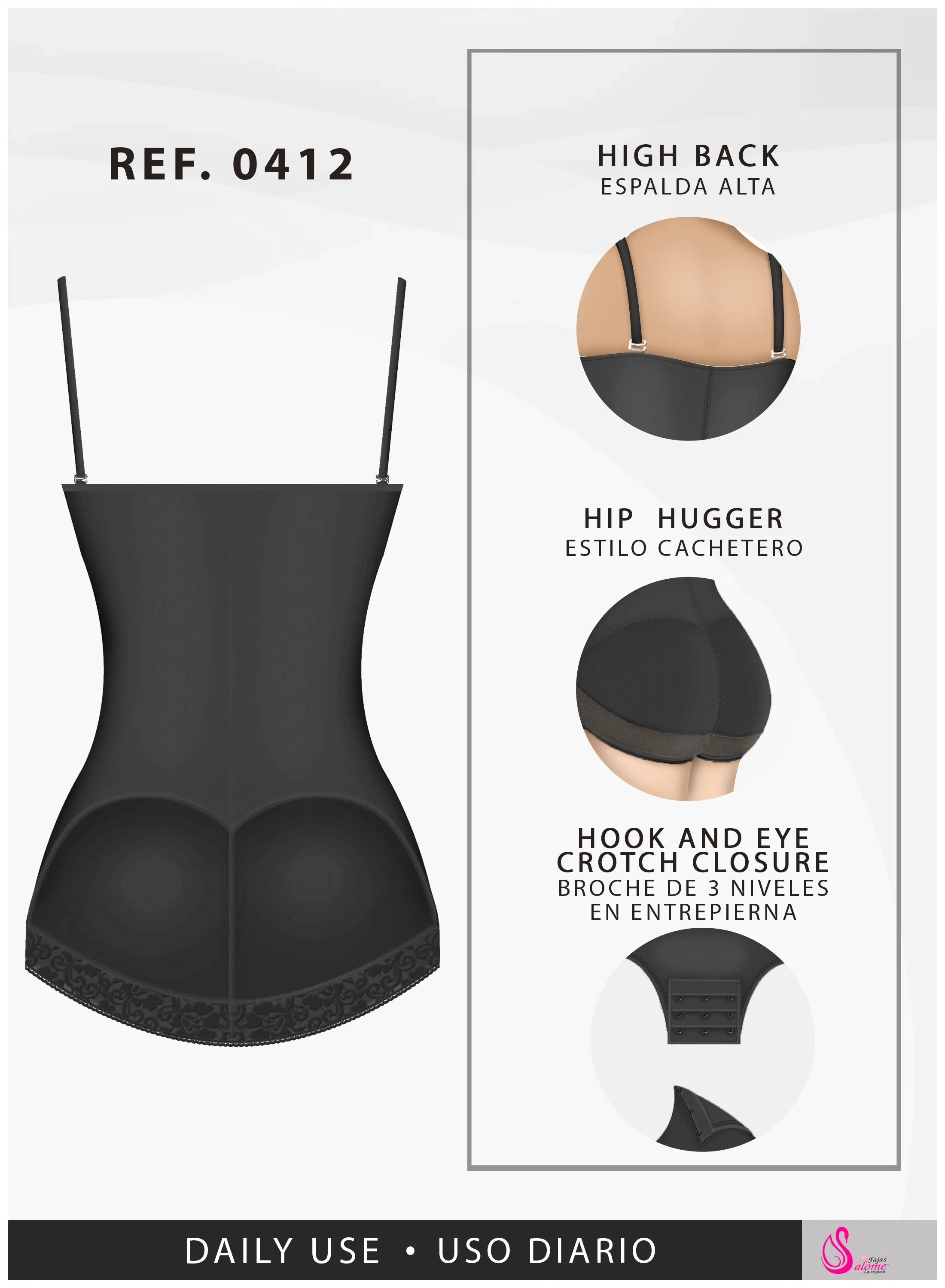 Fajas Salome 0412 black open-bust body shaper with hook-and-eye crotch closure, daily Colombian shapewear front view