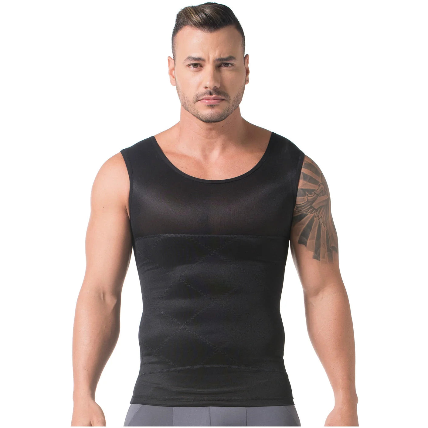 Diane & Geordi DAG-002007 black sleeveless compression tank top body shaper front view Colombian shapewear for men