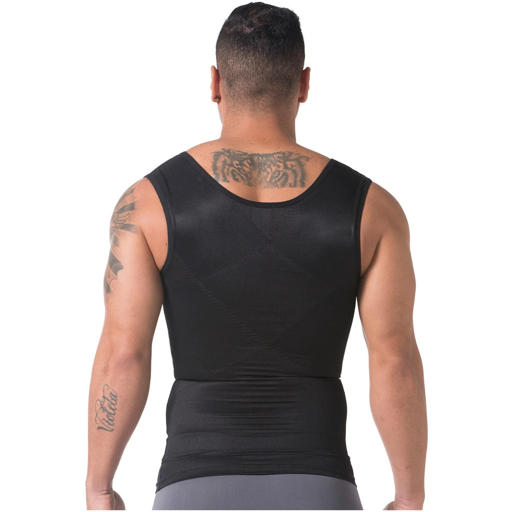 Diane & Geordi DAG-002007 black sleeveless compression body shaper back view, men's Colombian shapewear tank vest