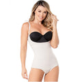 Diane & Geordi DAG-002374 beige seamless body shaper open-bust bodysuit, Colombian shapewear with snap closure front view