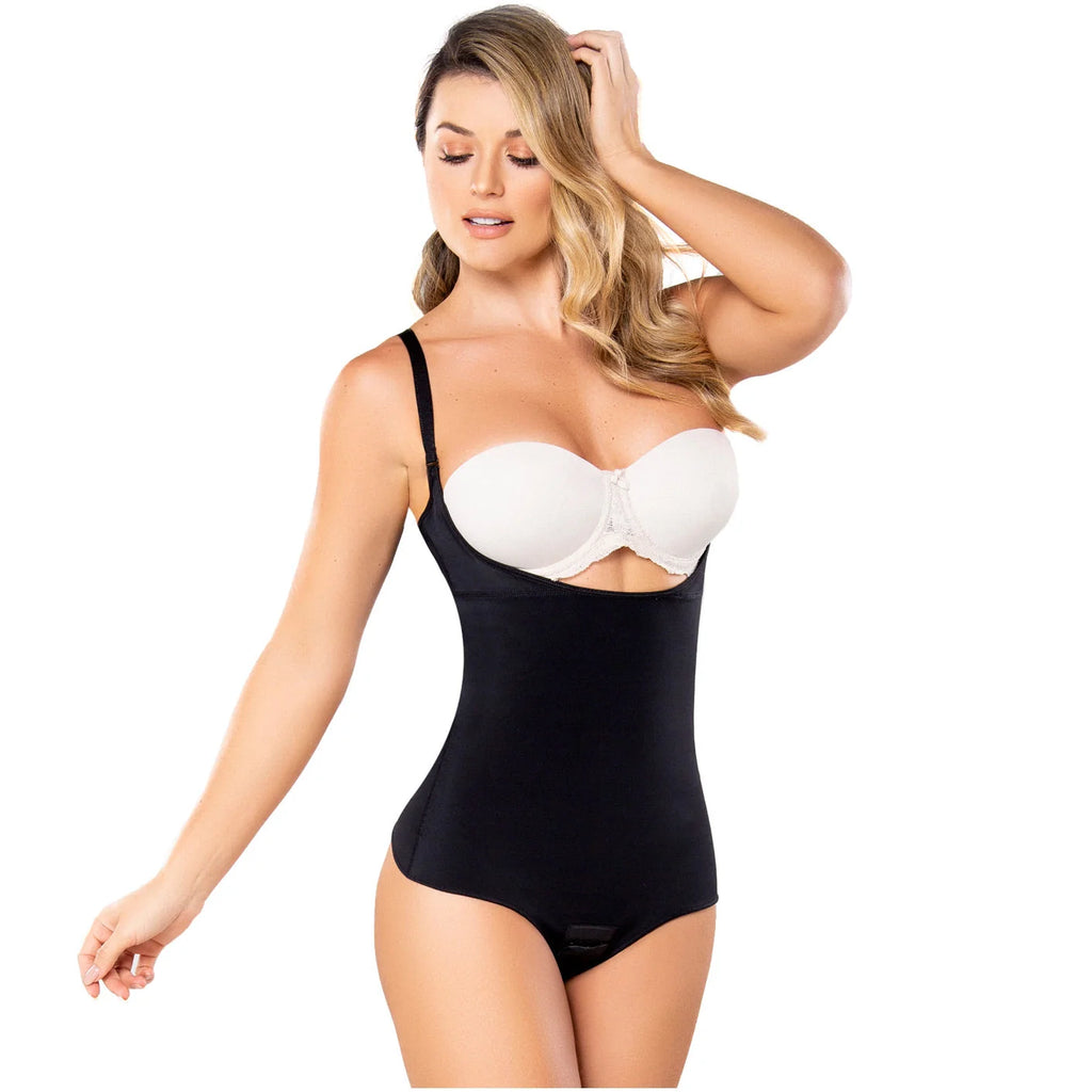 Diane & Geordi DAG-002374 black open-bust bodysuit shaper with white bra, seamless Colombian shapewear for women front view