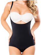 Diane & Geordi DAG-002374 black open-bust bodysuit shaper, seamless Colombian shapewear with brief cut front view