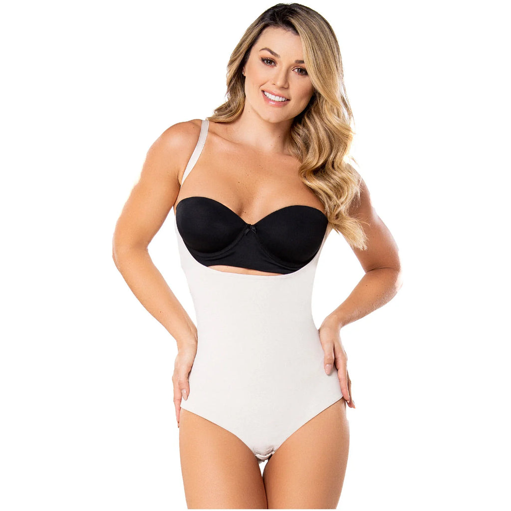 Diane & Geordi DAG-002375 nude open-bust bodysuit Colombian shapewear with thin straps, daily body shaper front view