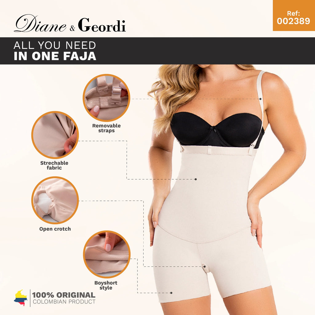 Diane & Geordi 002389 beige boyshort faja colombiana with removable straps and open crotch, Colombian shapewear front view