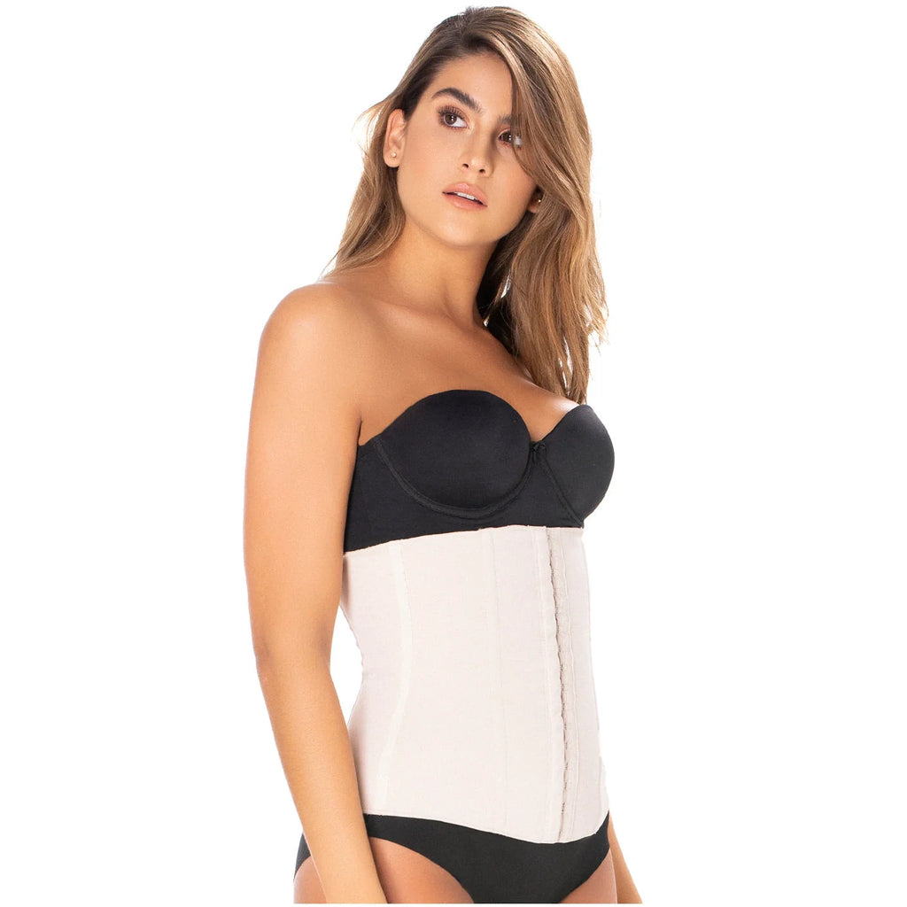 Diane & Geordi DAG-002396 beige hook-closure waist cincher worn with black strapless bra, Colombian shapewear daily body shap