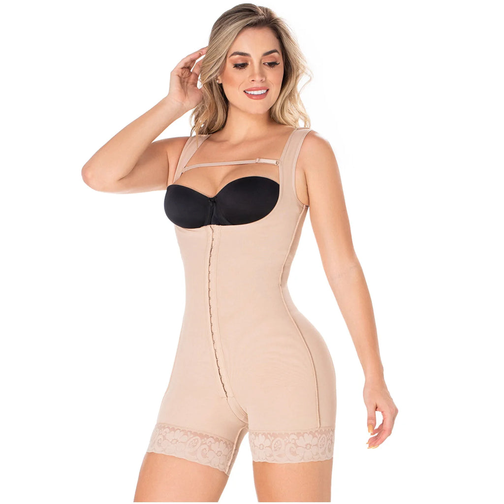 Diane & Geordi DAG-002406 beige open-bust bodysuit with front hooks, Colombian shapewear faja for daily use front view