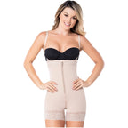 Diane & Geordi DAG-002407 beige full-body Colombian shapewear bodysuit with front zipper and lace hem, daily body shaper fron