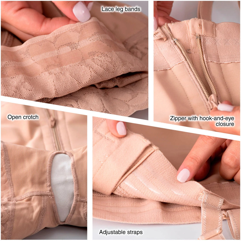 Diane & Geordi DAG-002407 nude full-body Colombian shapewear faja with lace leg bands, zipper closure, open crotch, and adjus