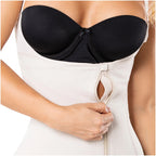 Diane & Geordi DAG-002408 beige seamless faja colombiana with front zipper closure, Colombian shapewear body shaper lifestyle