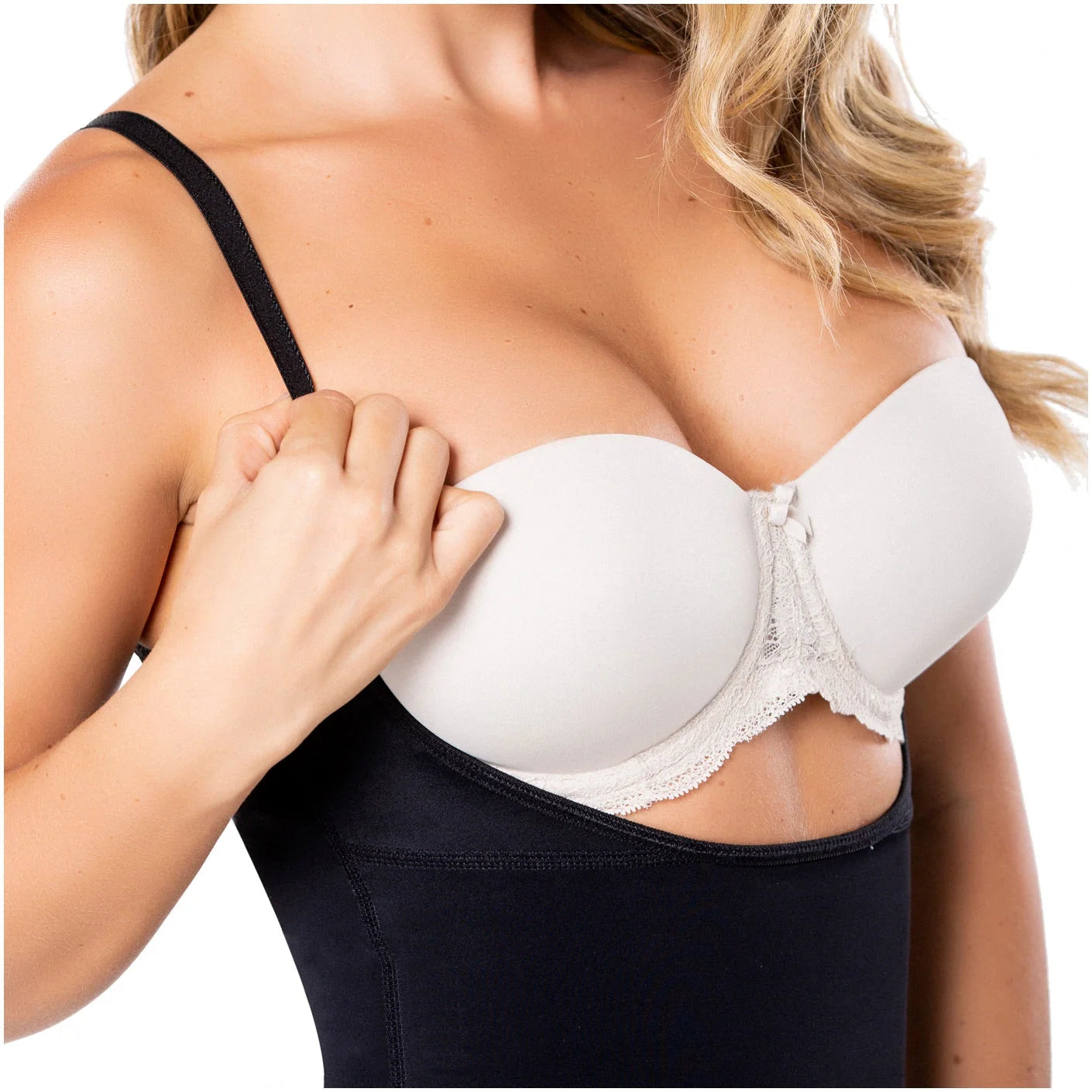 Diane & Geordi DAG-002408 black Colombian shapewear with detachable white lace bra, body shaper lifestyle front view