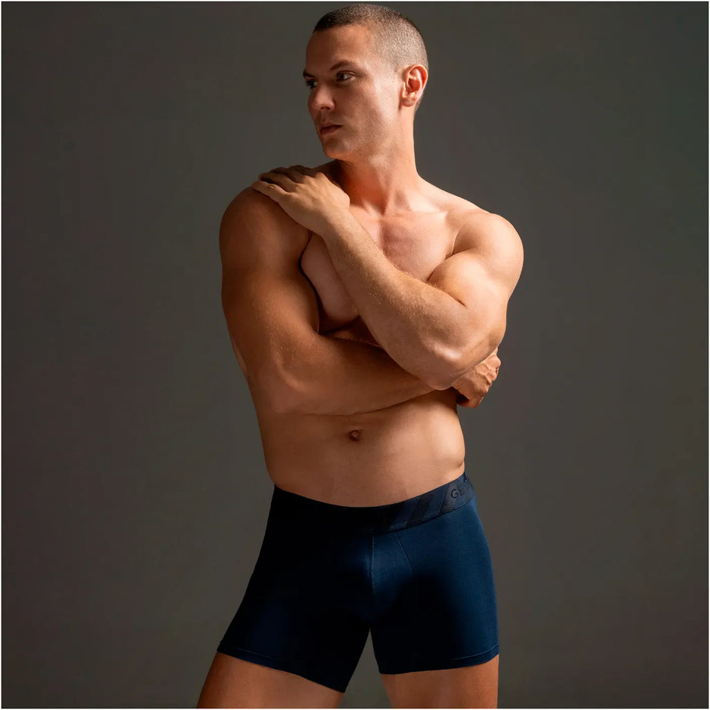 Diane & Geordi B2148 navy blue men's boxer brief body shaper, Colombian compression garment front lifestyle view