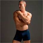 Diane & Geordi B2148 navy blue men's boxer brief body shaper, Colombian compression garment front lifestyle view