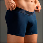 Diane Geordi B2148 navy blue men's boxer brief with wide waistband, Colombian compression garment lifestyle front view
