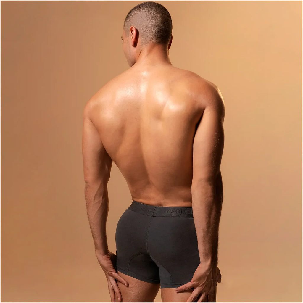 Diane Geordi B2148 dark gray men's boxer brief back view, Colombian compression garment with branded waistband for daily supp