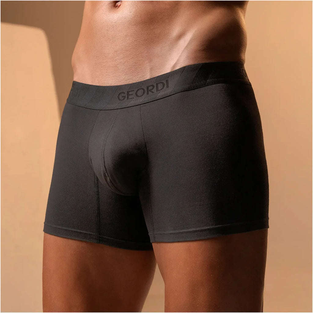 Geordi B2148 black men's boxer brief with branded waistband, comfortable Colombian compression garment front lifestyle view