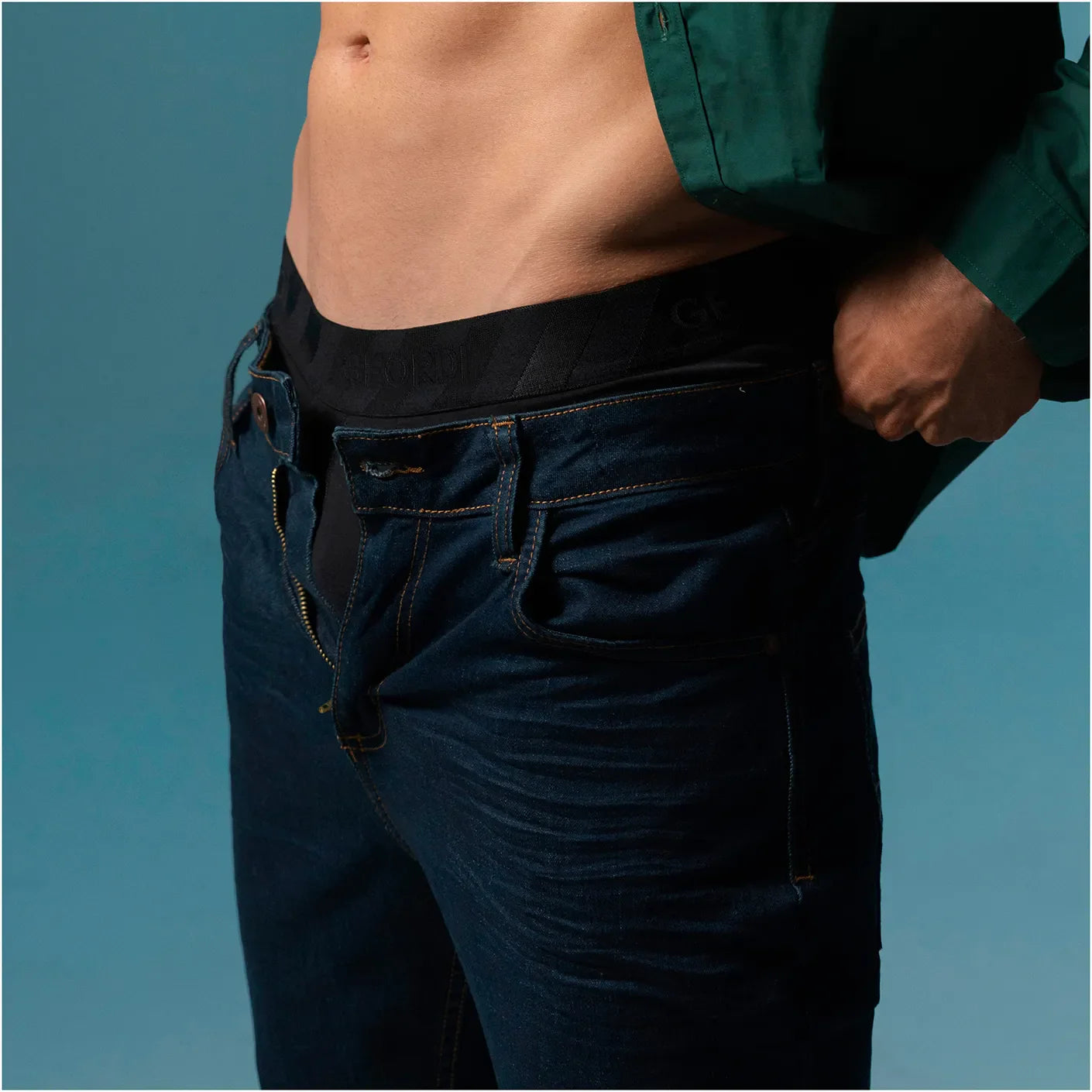 Diane & Geordi B2148 dark blue denim-style Colombian body shaper boxer brief with black waistband lifestyle view