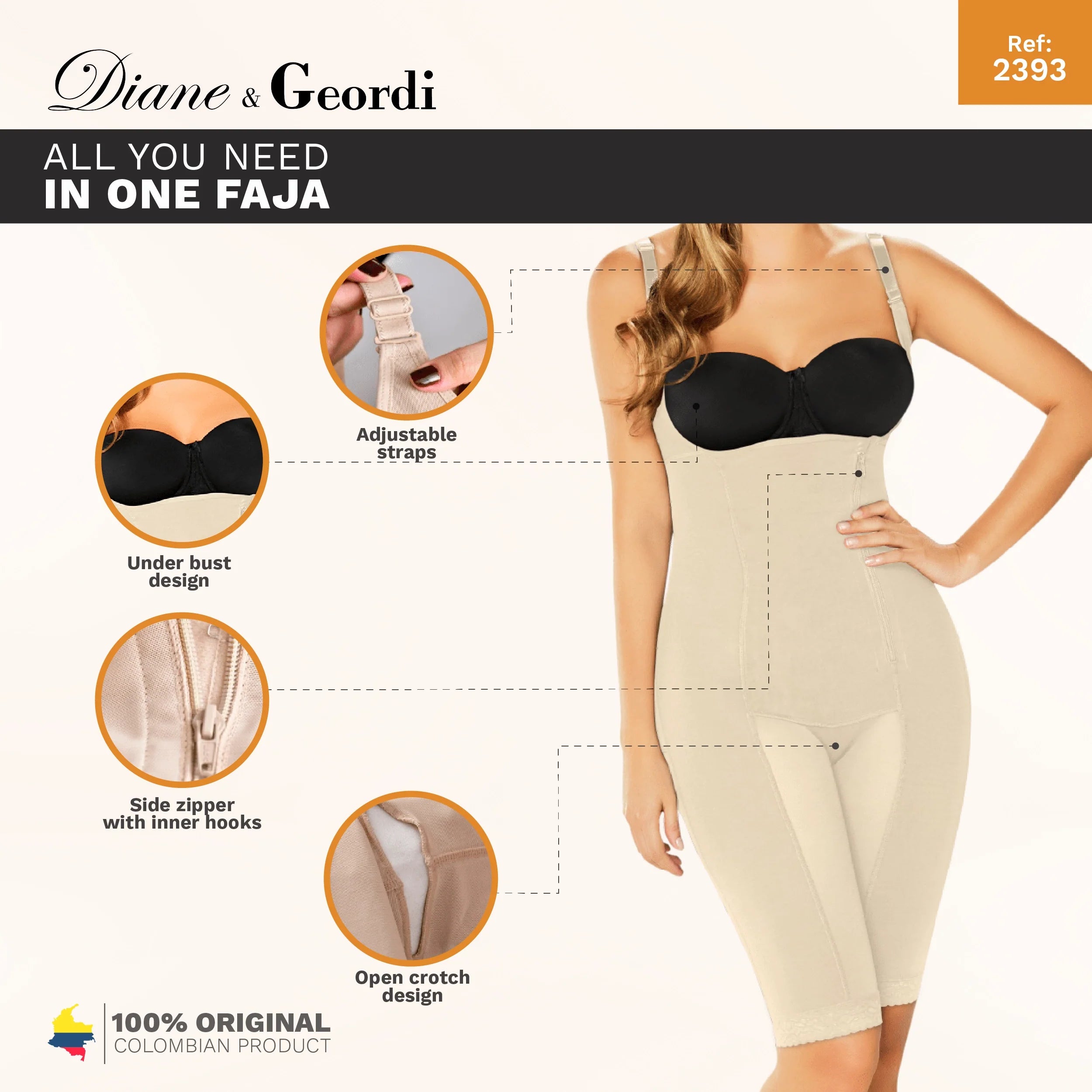 Diane & Geordi 2393 beige full-body Colombian shapewear faja with adjustable straps, side zipper, and open crotch design fron