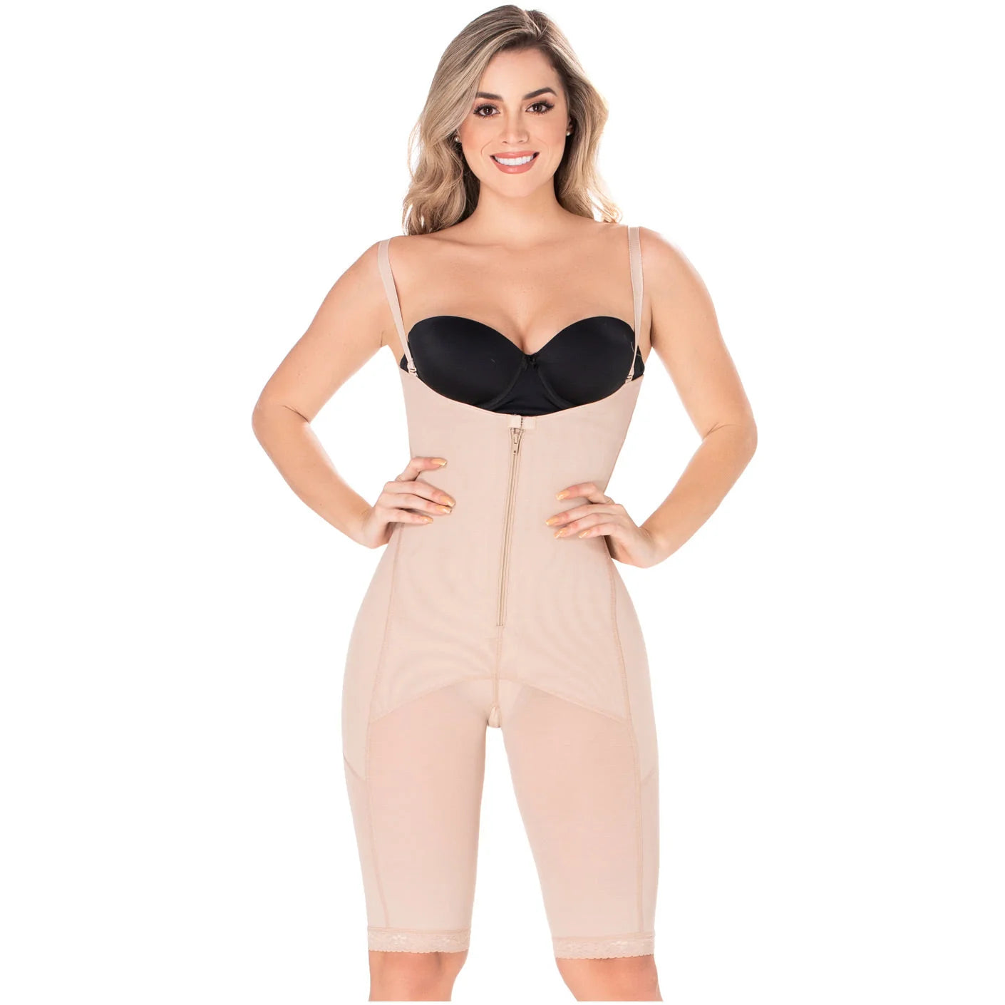 Diane & Geordi DAG-2395 beige full-body Colombian shapewear bodysuit with front zipper and mid-thigh compression, daily faja 