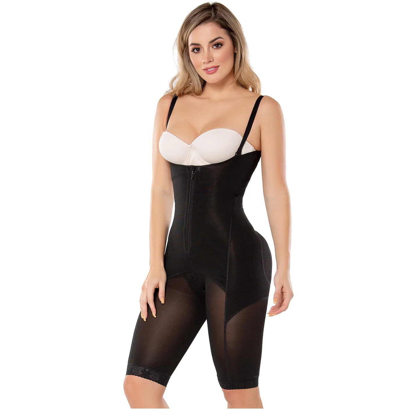Diane & Geordi DAG-2395 black full-body Colombian shapewear bodysuit with zipper closure and lace trim, daily faja colombiana
