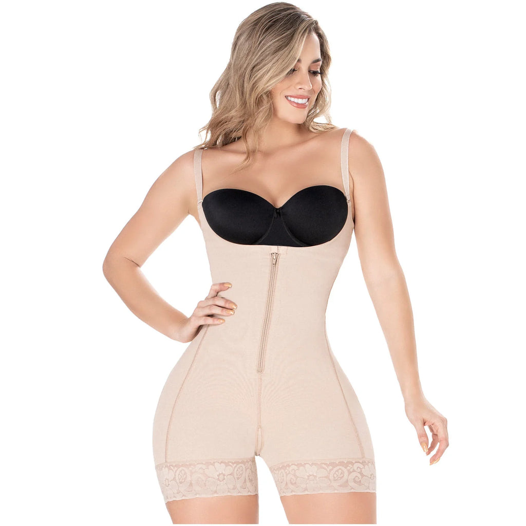 Diane & Geordi DAG-2396 beige full-body Colombian shapewear bodysuit with front zipper and lace trim, daily faja colombiana f