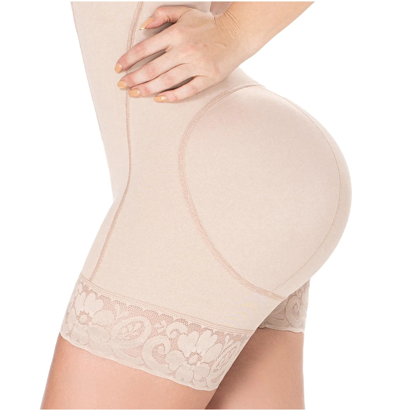 Diane & Geordi DAG-2396 beige Colombian shapewear bodysuit with butt-lifting cut and lace trim, daily body shaper side view
