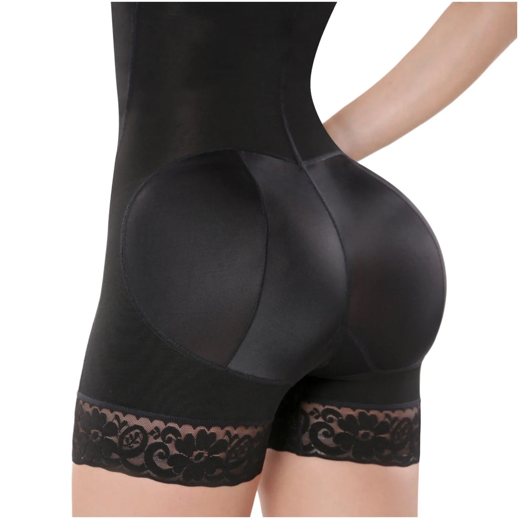 Diane & Geordi DAG-2396 black full-body Colombian shapewear bodysuit with butt lifter pads and lace trim back view