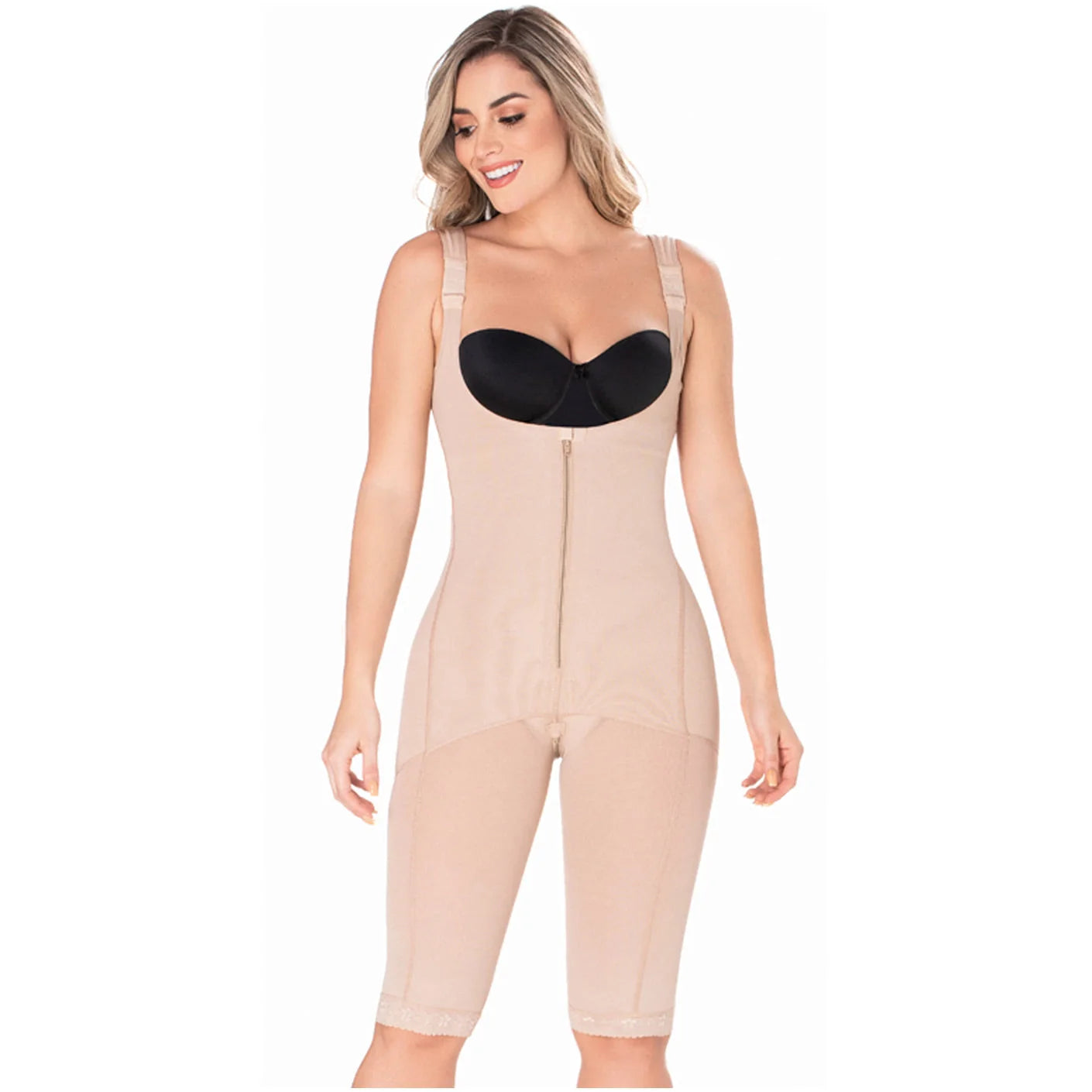 Diane & Geordi DAG-2397 beige full-body Colombian shapewear bodysuit with front zipper and knee-length compression for daily 