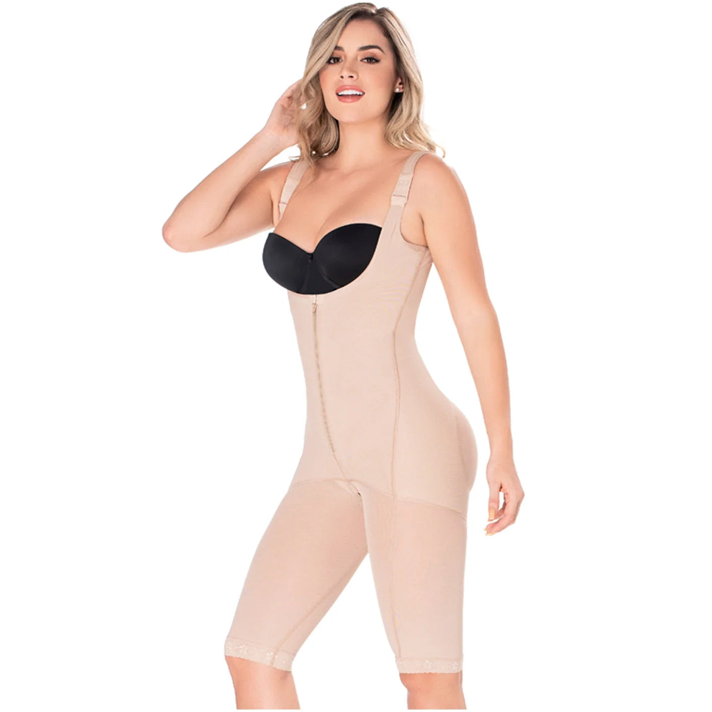Diane & Geordi DAG-2397 beige full-body Colombian shapewear bodysuit with front zipper and adjustable straps, daily faja colo