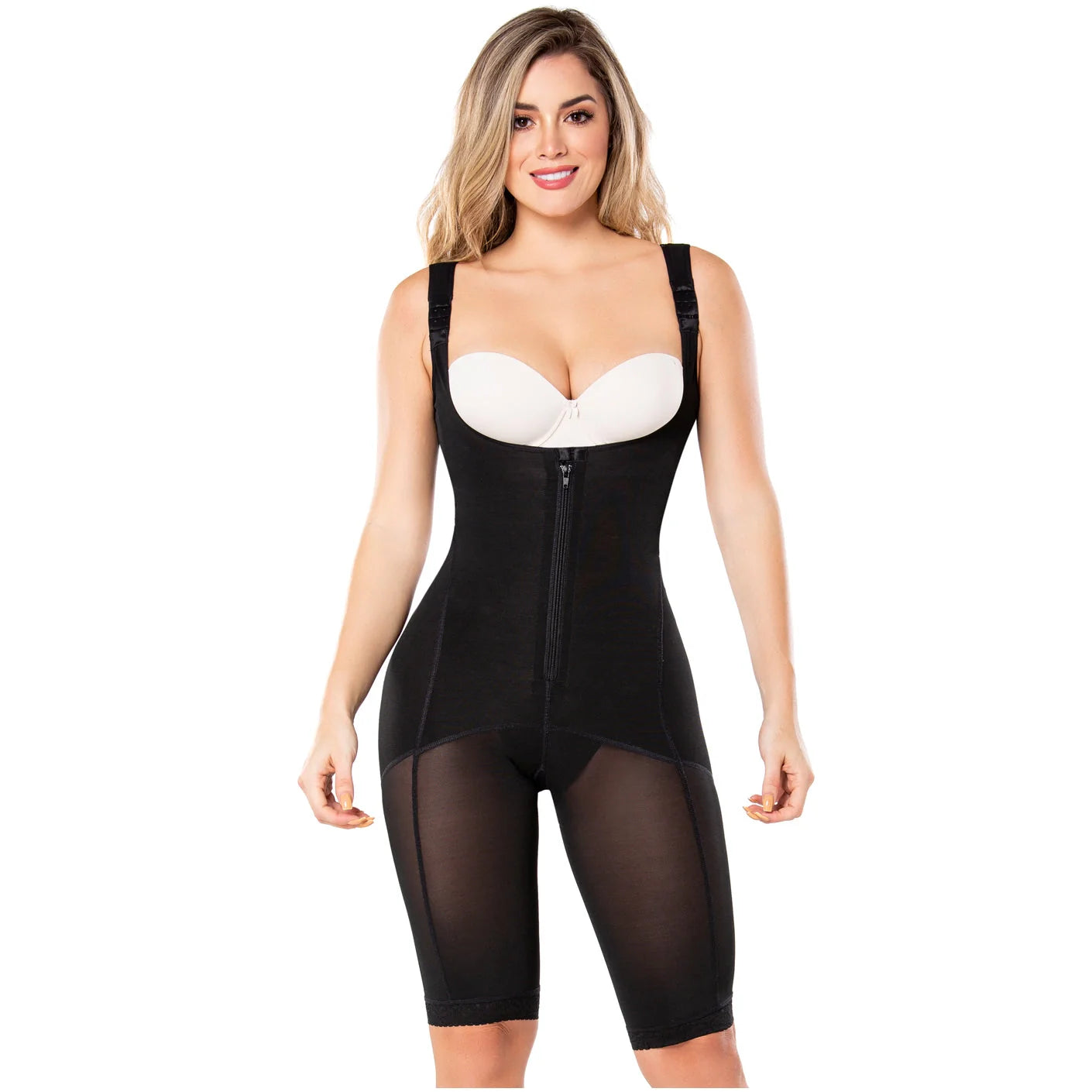Diane & Geordi DAG-2397 black full-body Colombian shapewear bodysuit with front zipper and sheer thigh panels, daily faja col