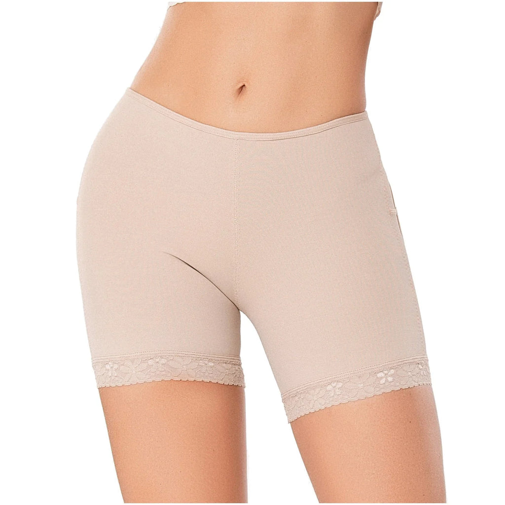 Diane & Geordi DAG-2398F beige seamless bike shorts with lace trim, Colombian shapewear for daily anti-chafing comfort