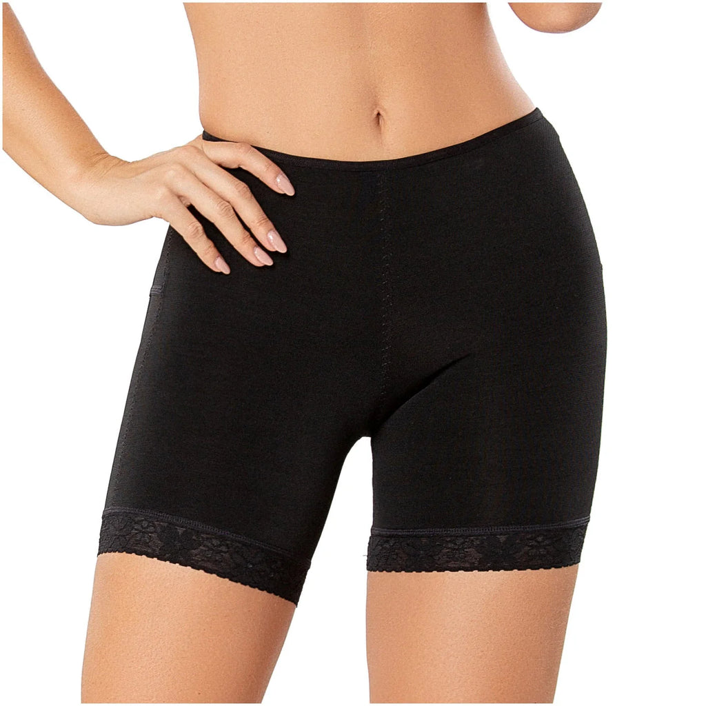 Diane & Geordi DAG-2398F black seamless biker shorts Colombian shapewear with lace hem trim front view