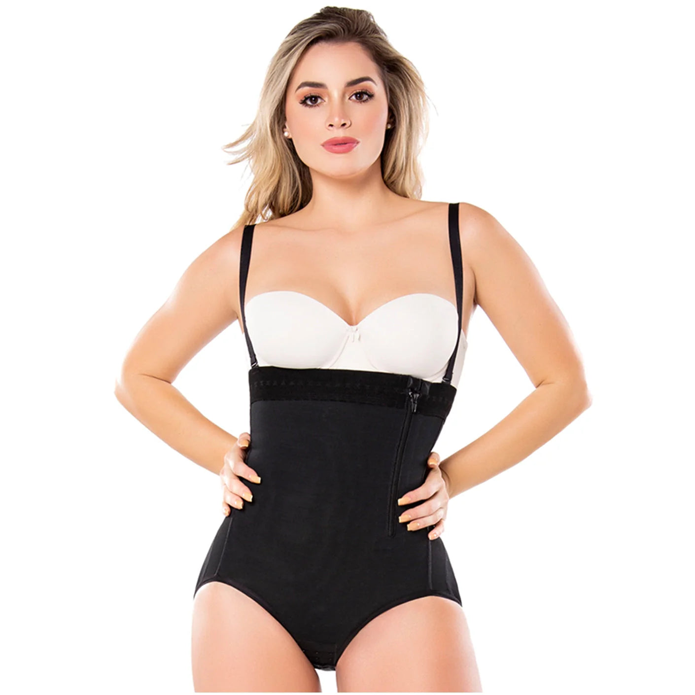 Diane & Geordi DAG-2405F black body shaper bodysuit with zipper closure, Colombian shapewear for daily use front view