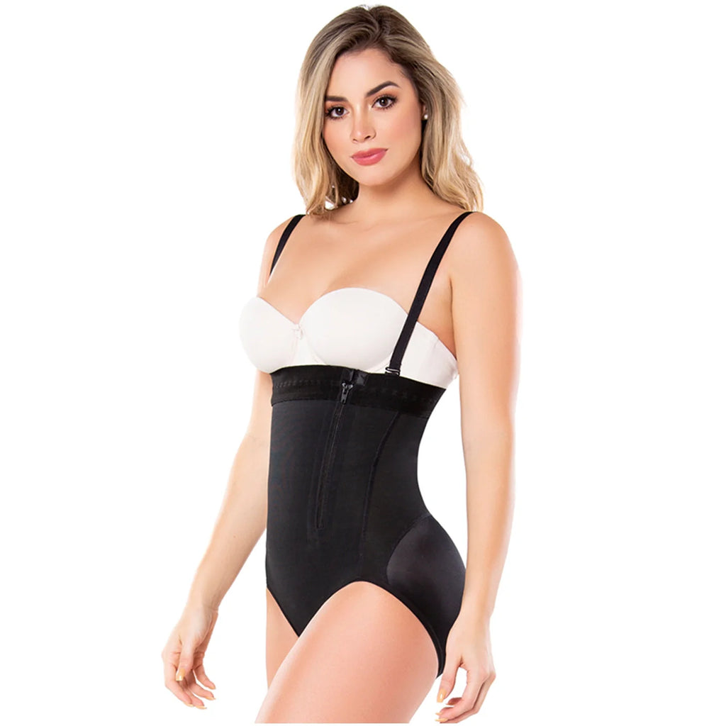 Diane & Geordi DAG-2405F black thong body shaper with front zipper and straps, daily Colombian shapewear side view
