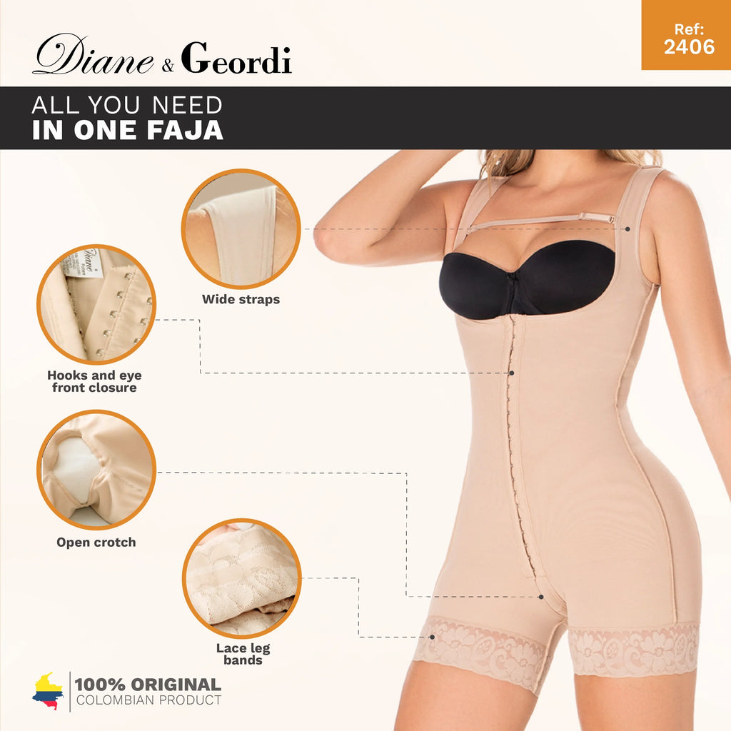 Diane & Geordi 2406 nude full-body Colombian shapewear faja with hooks, wide straps, and lace leg bands front view