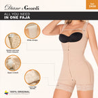 Diane & Geordi 2406 nude full-body Colombian shapewear faja with hooks, wide straps, and lace leg bands front view