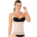 Diane & Geordi DAG-2410 beige seamless cami body shaper with lace hem, Colombian shapewear open-bust tank for women