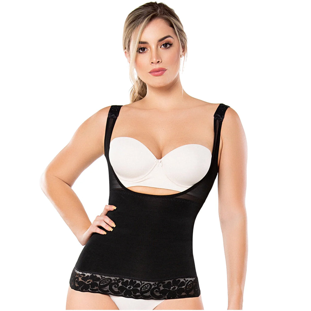 Diane & Geordi DAG-2410 black open-bust seamless Colombian shapewear cami with lace hem, body shaper front view