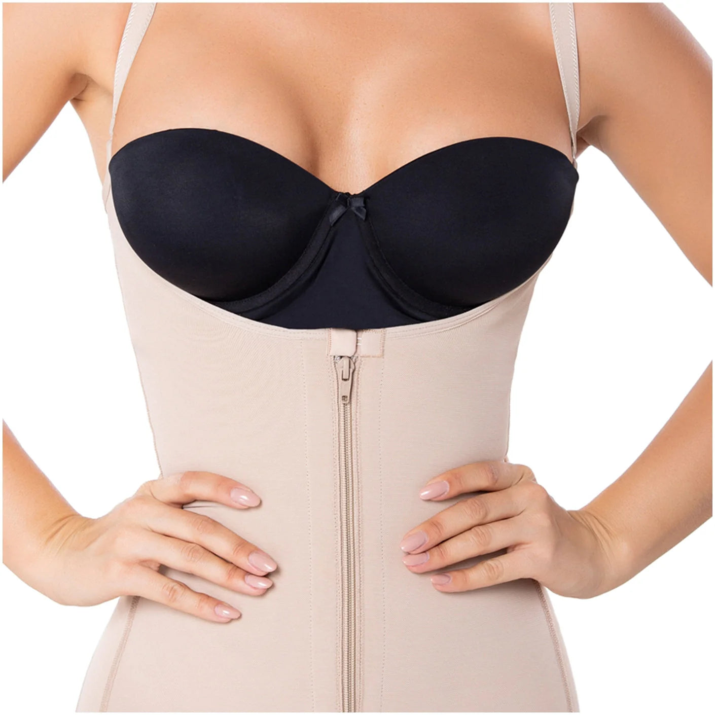 Diane & Geordi DAG-2411 nude open-bust bodysuit with front zipper, daily Colombian shapewear faja colombiana front view