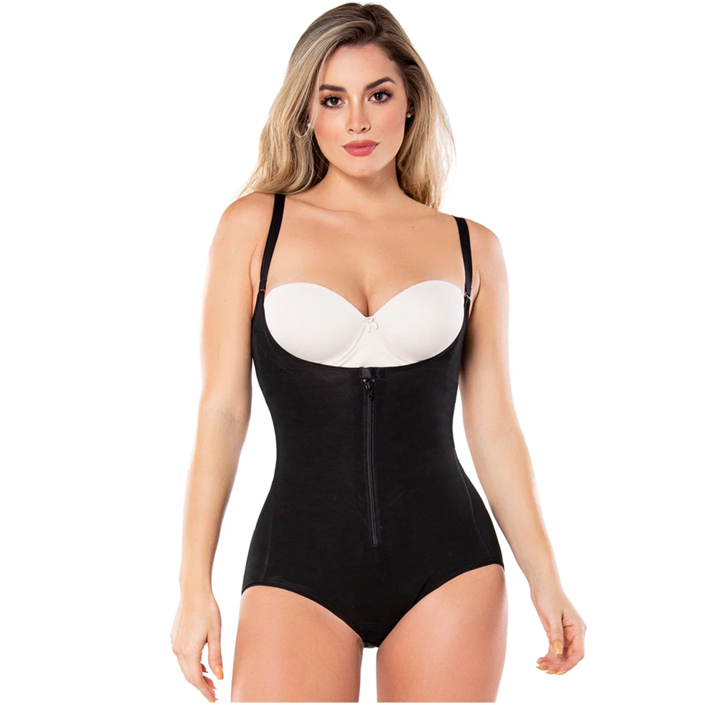 Diane & Geordi DAG-2411 black open-bust bodysuit with front zipper, daily Colombian shapewear faja colombiana front view