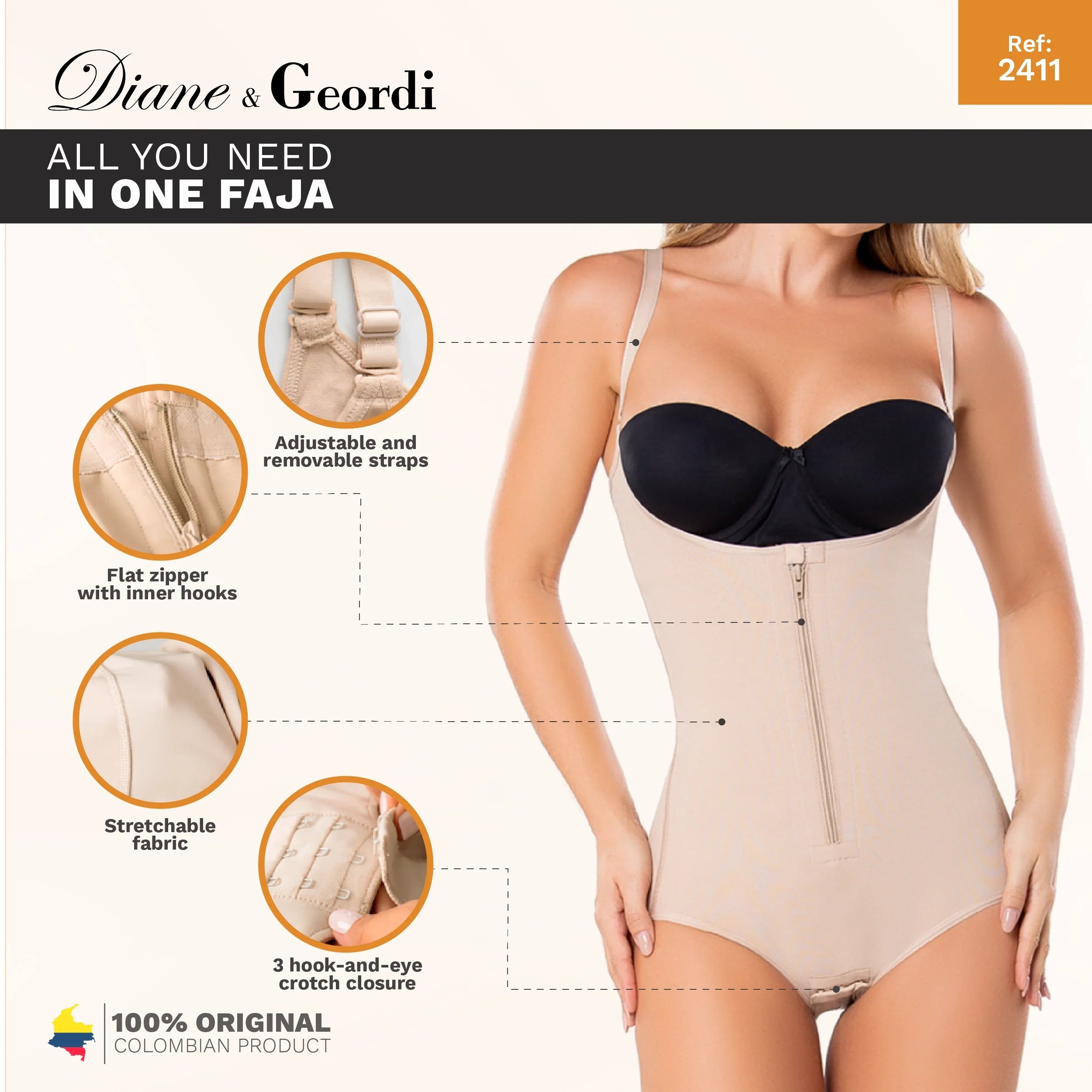 Diane & Geordi 2411 nude full-body Colombian shapewear bodysuit with zipper closure and adjustable straps front view