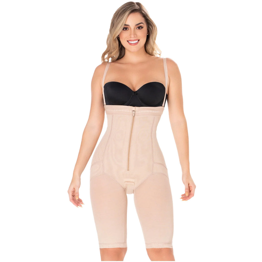 Diane & Geordi DAG-2414 beige full-body faja colombiana with front zipper and knee-length cut, Colombian shapewear bodysuit f