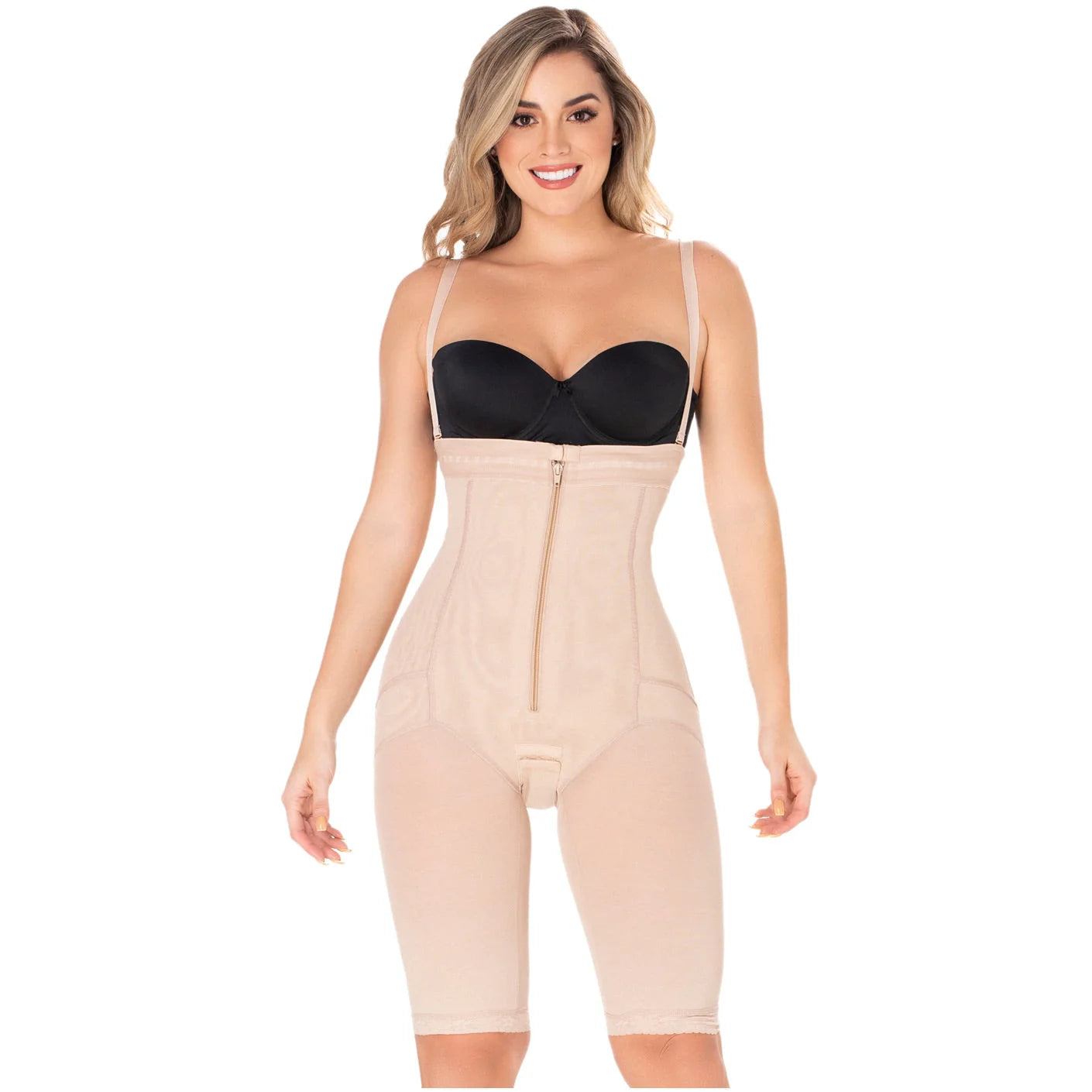 Diane & Geordi DAG-2414 beige full-body faja colombiana with front zipper and knee-length cut, Colombian shapewear bodysuit f