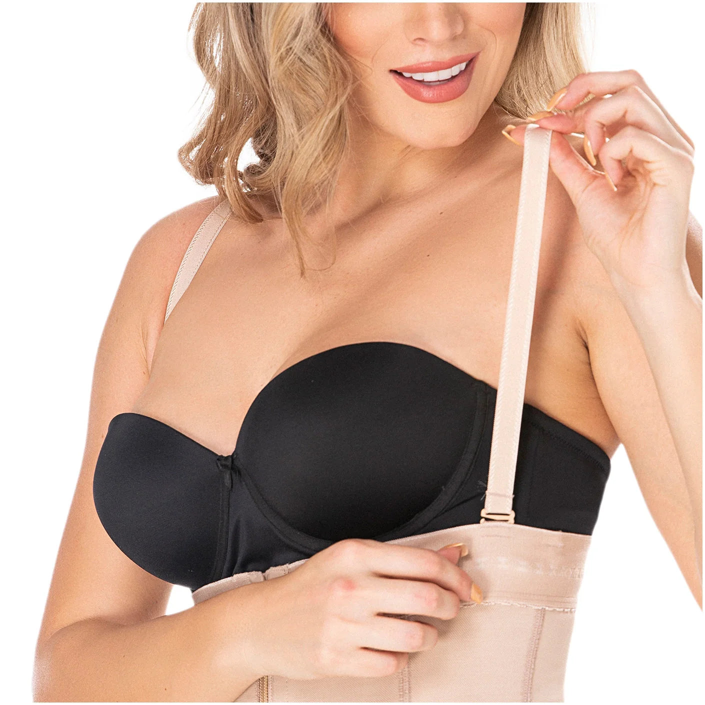 Diane & Geordi DAG-2414 nude Colombian shapewear bodysuit with detachable straps and black built-in bra, body shaper front vi