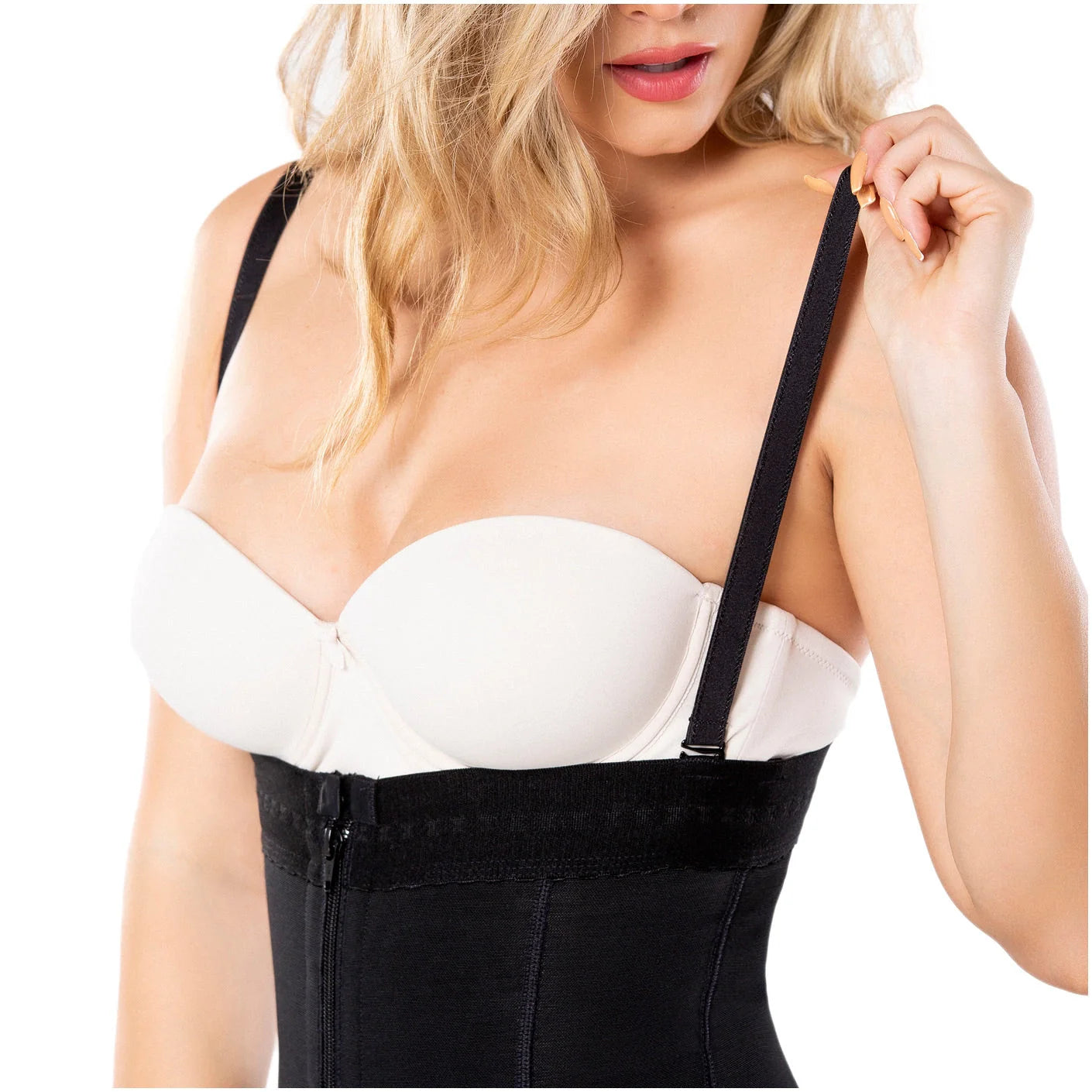 Diane & Geordi DAG-2414 black Colombian shapewear with adjustable straps and zip closure, worn over nude bra front view