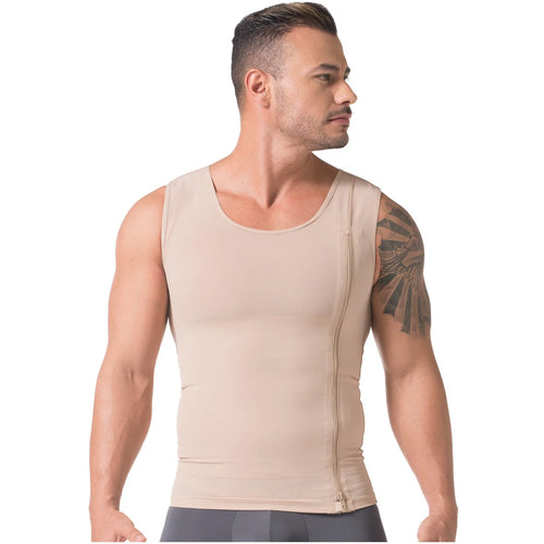 Diane & Geordi DAG-2415 beige men's compression vest with side zipper, Colombian shapewear body shaper front view