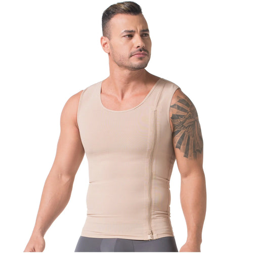 Diane & Geordi DAG-2415 beige men's compression vest with front zipper, Colombian shapewear body shaper front view