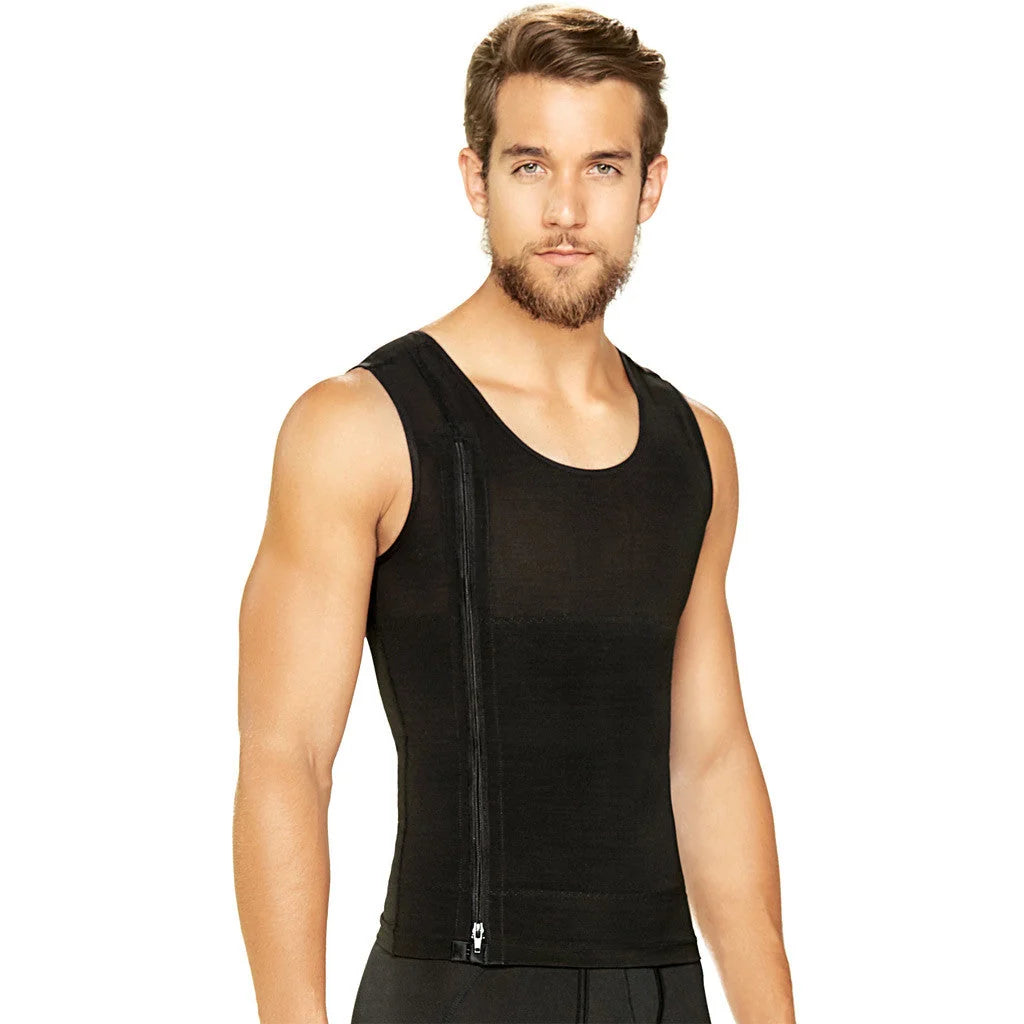 Diane & Geordi DAG-2415 black men's compression vest with front zipper, Colombian body shaper sleeveless torso garment front 