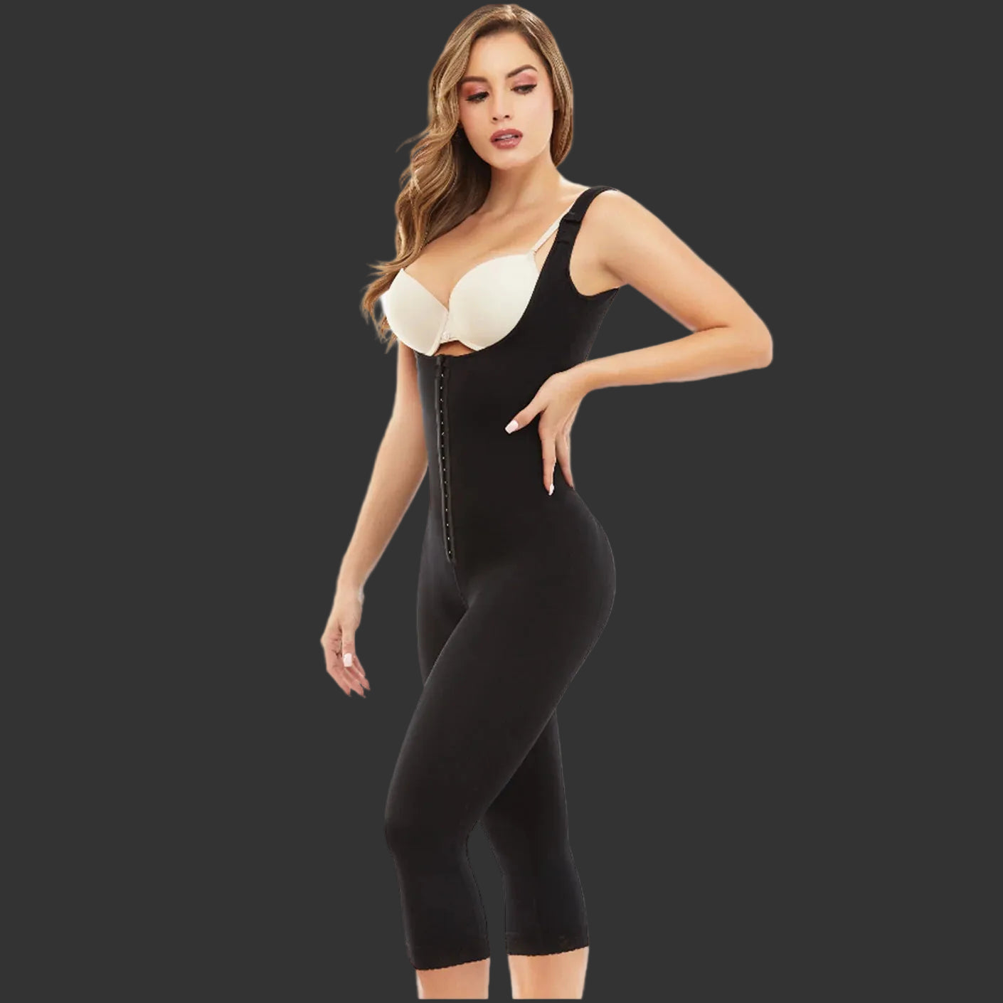 Diane & Geordi DAG-3633 black full-body post-surgery faja colombiana with hook closure and wide straps, side view